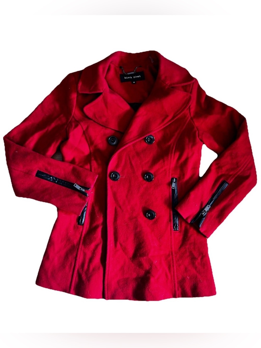 black rivet elegant and vibrant Women's Red Peacoat with beautiful black details